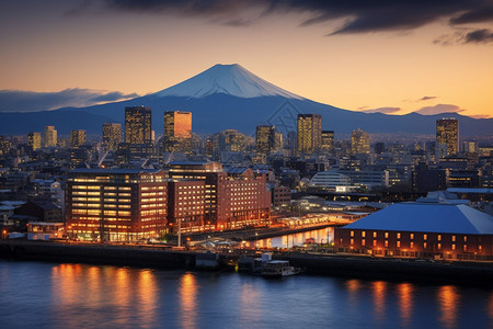 日本投降日日落下的日本城市景观背景