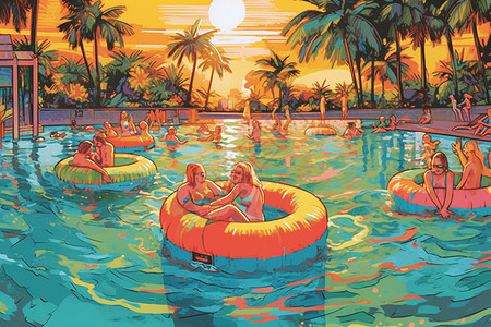日落下的户外泳池插画背景图片