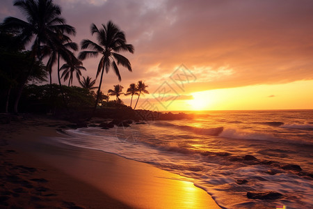 夕阳下的海边沙滩图片