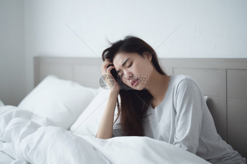 卧室里不安的女性高清图片下载-正版图片600303511-摄图网
