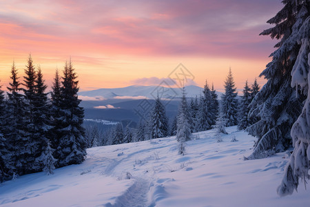 黄昏时美丽的雪山景观图片