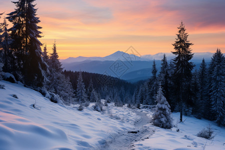 黄昏时白雪皑皑的雪山景观图片