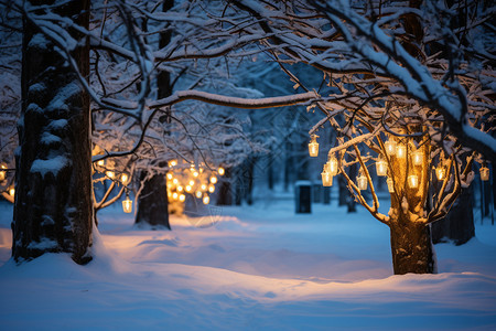 夜晚白雪覆盖的森林景观图片