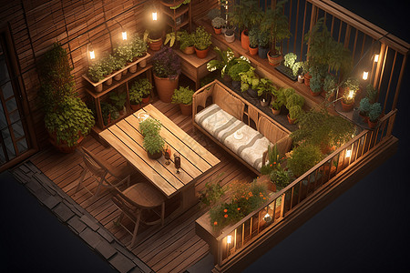 夜晚阳台质朴阳台花园的概念图设计图片