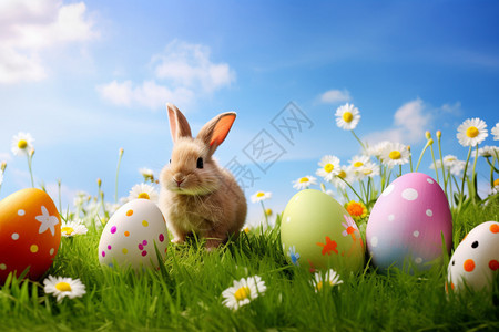 天空下兔子和彩蛋图片