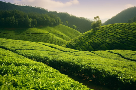 山脉中新鲜的茶树图片