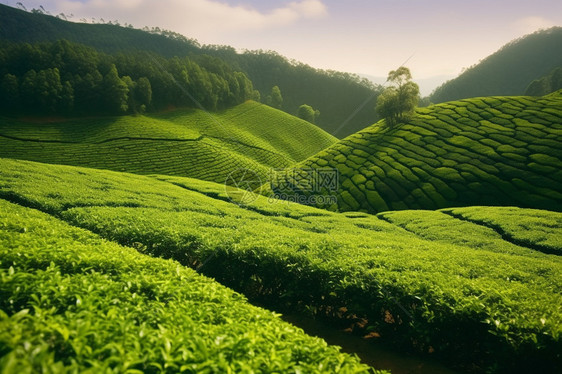 山脉中新鲜的茶树图片