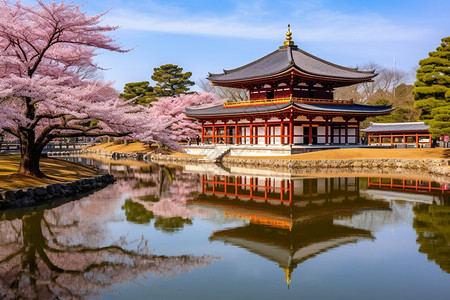 日本景点有着樱花池塘的寺庙背景