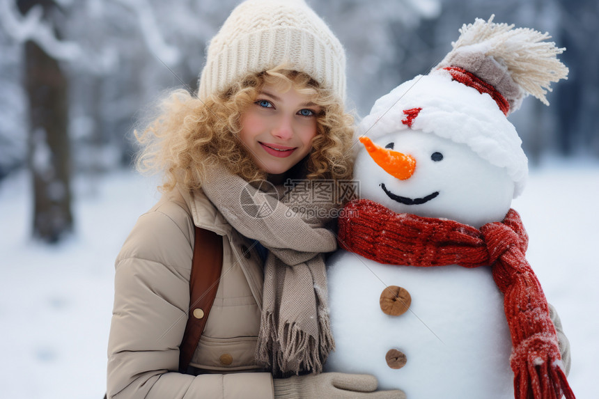 堆雪人的美女图片