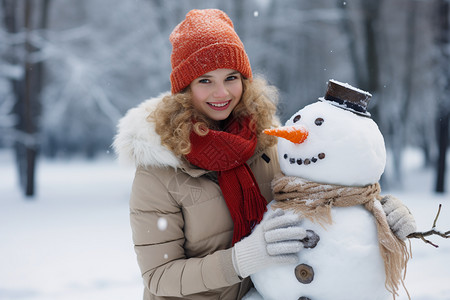 冬季户外堆雪人的美女图片