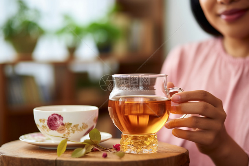 喝着花茶的女士高清图片下载-正版图片600305464-摄图网