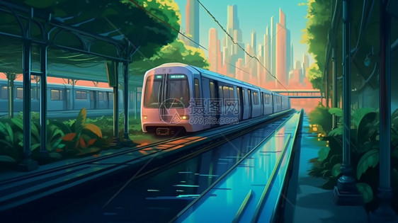 城市中穿梭的地铁插图图片