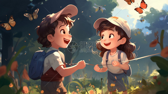 一个男孩和一个女孩在公园里捉蝴蝶。图片