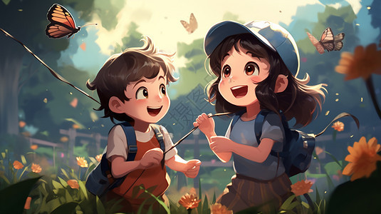 一个男孩和一个女孩在公园里捉蝴蝶。图片