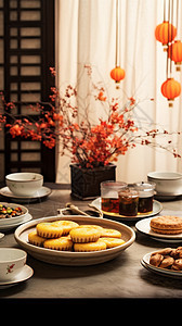 中秋节餐桌实景背景图片