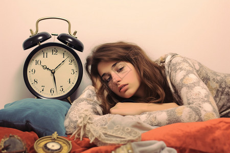 女孩赖床巨大的闹钟也闹不醒她图片