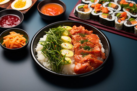 美味石锅拌饭和寿司图片