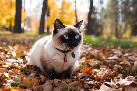 落叶上的暹罗猫图片