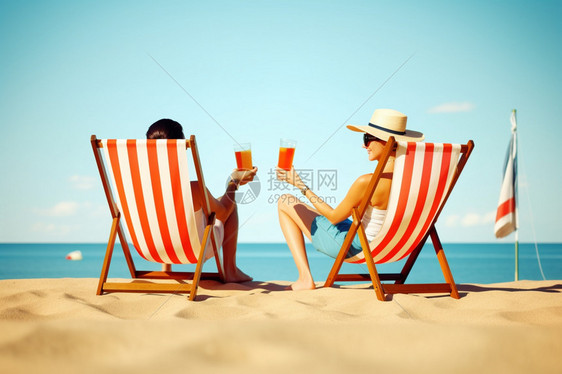 海滩喝酒的夫妇图片