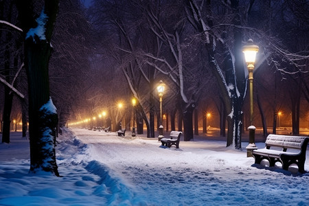 夜晚的雪景街道图片