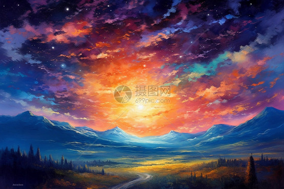 远山和星空插画图片