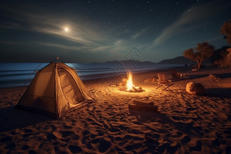 夜晚沙滩上的篝火露营图片