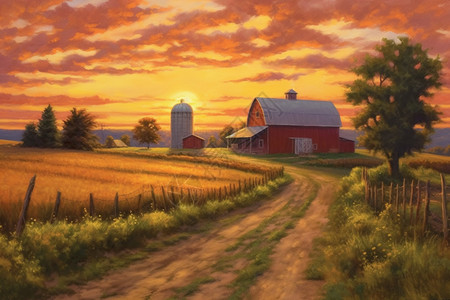 小农场的油画图片