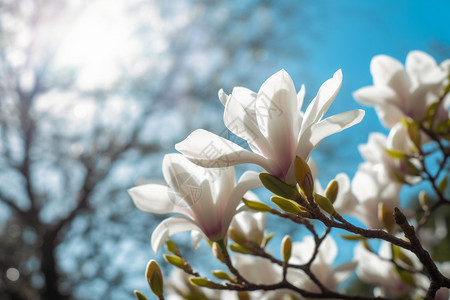 蓝色天空背景盛开的白色花朵背景