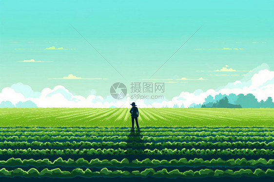一个农民在绿色田野图片