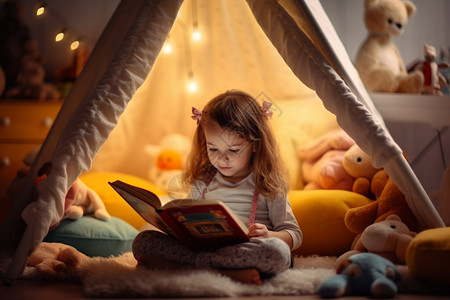童话书素材在房间看书的女孩背景