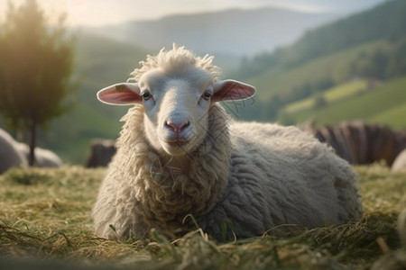 草木景观背景的绵羊图片