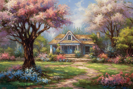 油画风格花园背景图片