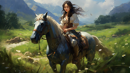 在草原骑马的女孩图片