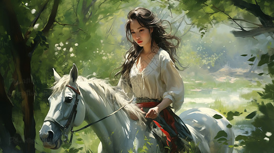 草原上骑马的女孩图片