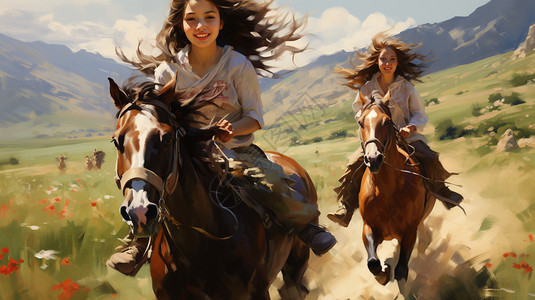 在草原上骑马的女孩图片