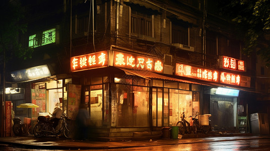 复古的街道店铺雨夜景高清图片