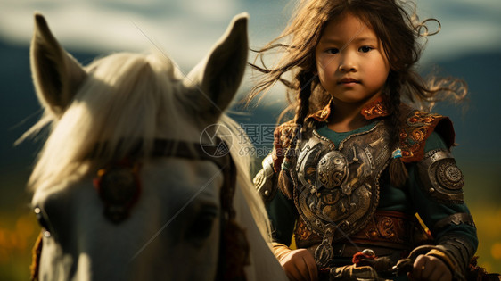 藏族小公主，在草地花园里骑马到远方图片