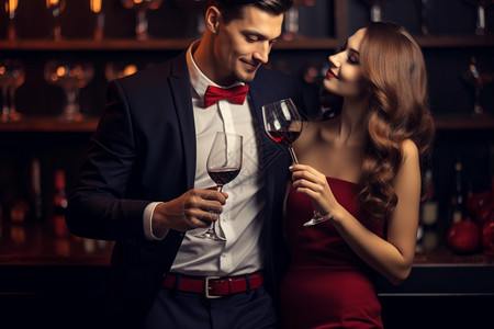干杯红葡萄酒庆祝节日的情侣背景