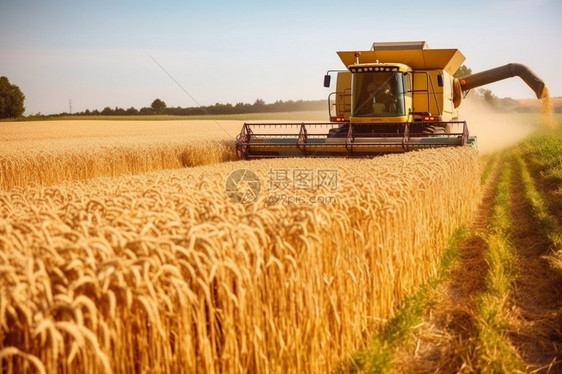 小麦成熟拖拉机收获图片