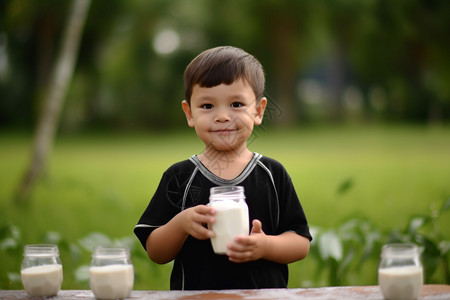 一位儿童端着牛奶图片