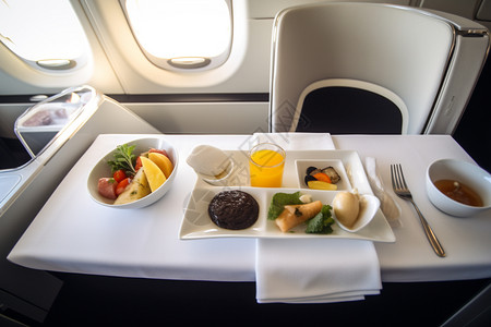 飞机头等舱的美味餐食图片