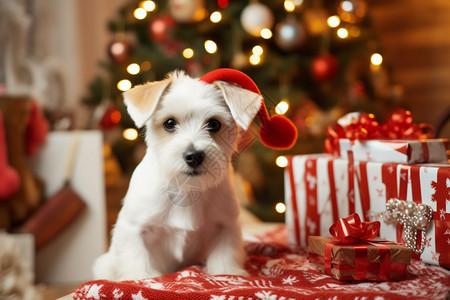 圣诞礼盒和小狗图片