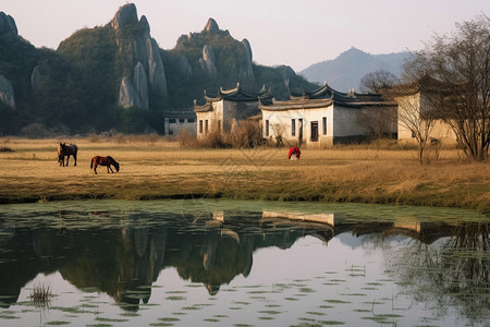 马头墙月沼泽乡间背景图片