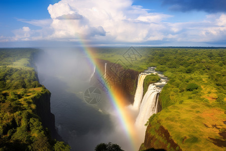 瀑布上壮观的彩虹景观图片
