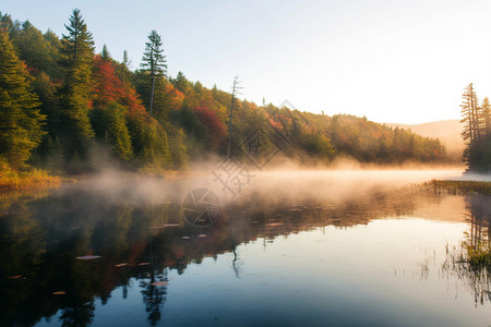 秋季起雾的湖面图片
