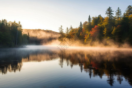 日出下起雾的湖面图片