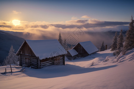 日出下的雪山木屋图片