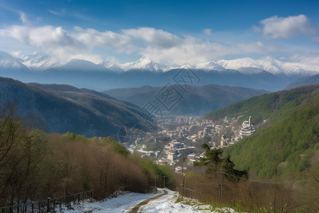 远眺雪山的城镇图片