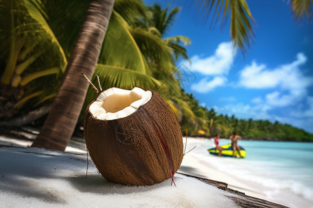 夏季海滩上美味的椰子图片