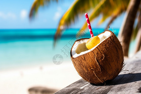夏季沙滩上的椰汁图片